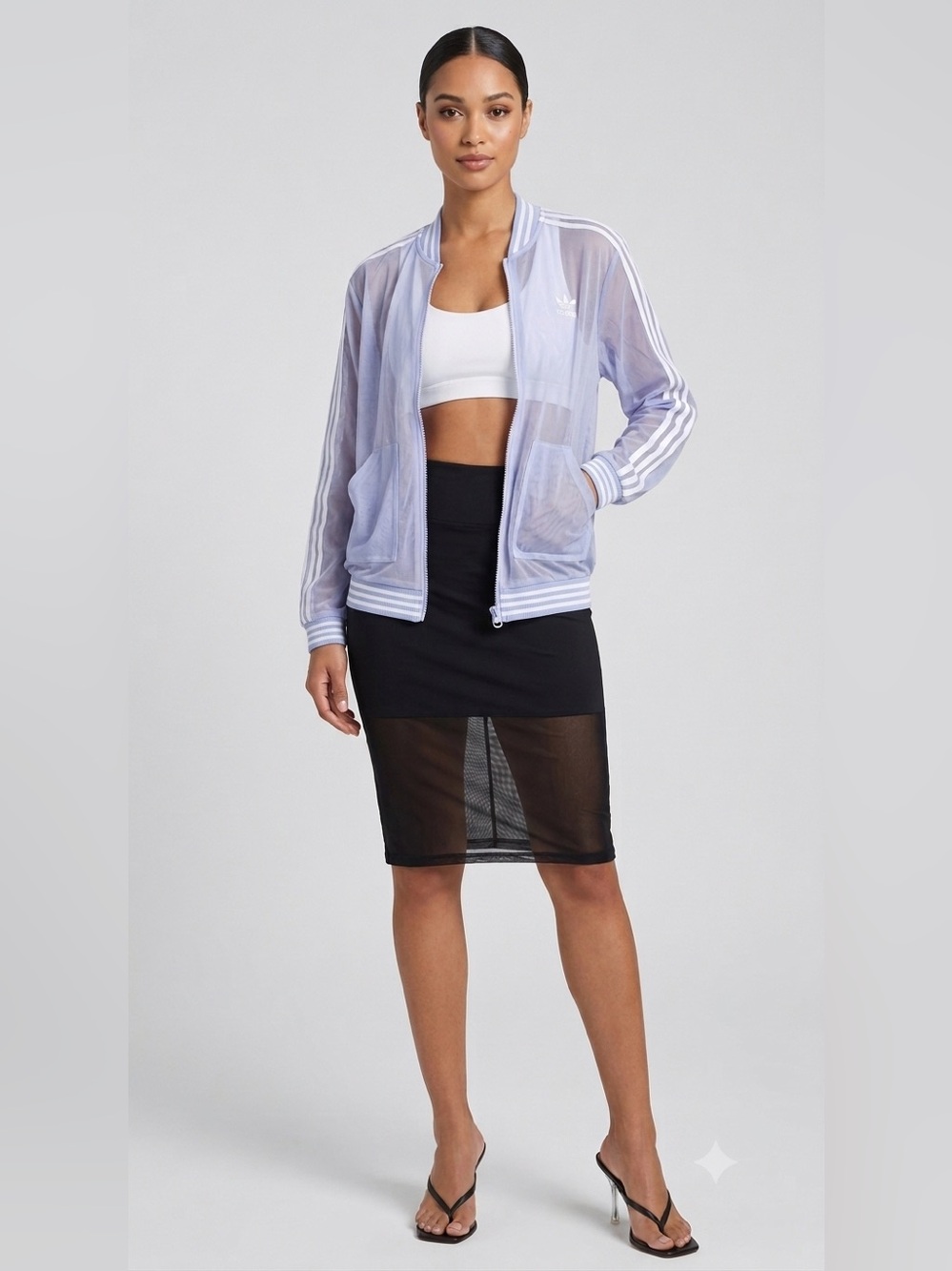 Adidas Track Top Jacket Sheer Mesh Tulle Periwinkle Blue & White Stripes Small